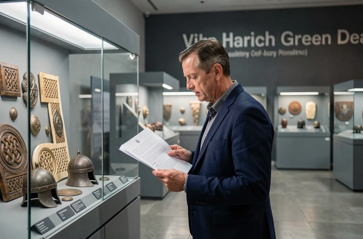 Conservateur de musée examinant des artefacts vikings dans une exposition, contexte de recherche historique sur Björn Côte-de-Fer