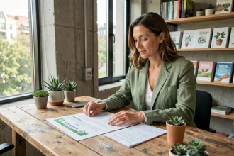 Femme consultante en développement durable analysant des rapports de durabilité dans un espace de coworking éco-responsable