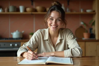 Jeune femme consultant des notes manuscrites de conversion de volume en cm sur un cahier posé sur une table en bois dans une cuisine chaleureuse