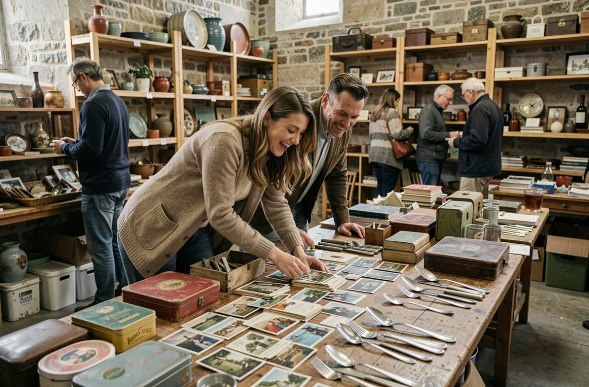 Couple de chineurs triant des objets vintage lors d'un vide-grenier intérieur avec dabradou