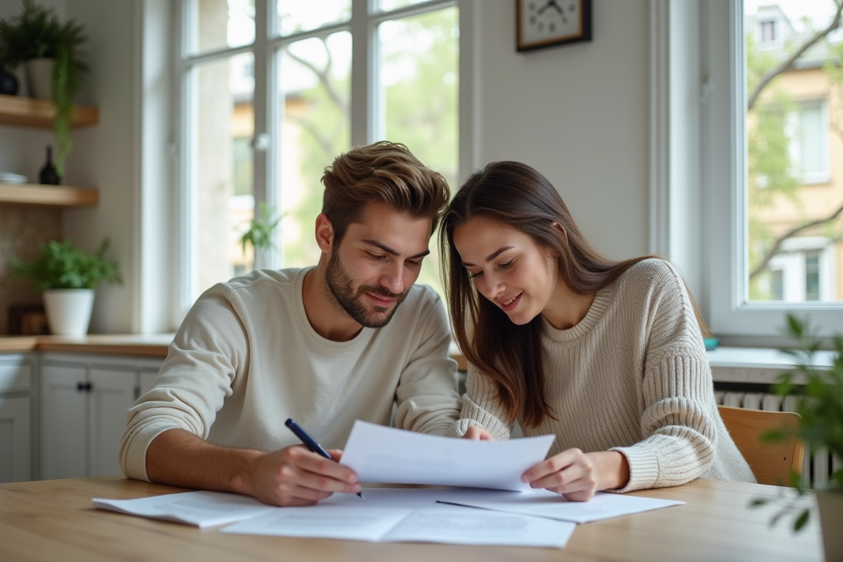 Jeune couple français examine documents immobiliers dans un appartement moderne