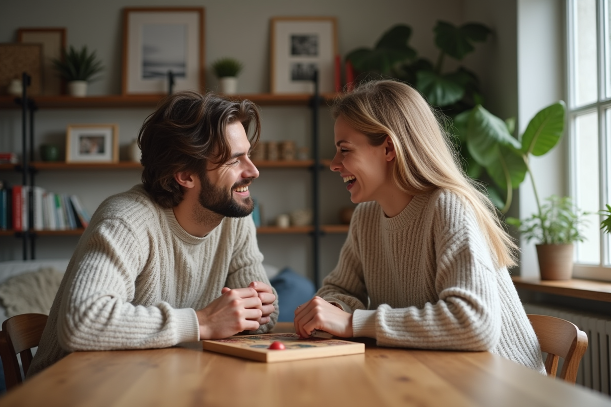 Couple souriant jouant à un jeu de société dans un intérieur cosy