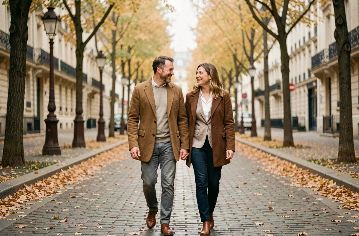 Couple se promenant dans une rue parisienne en automne, symbolisant la vie amoureuse discrète d'une personnalité publique