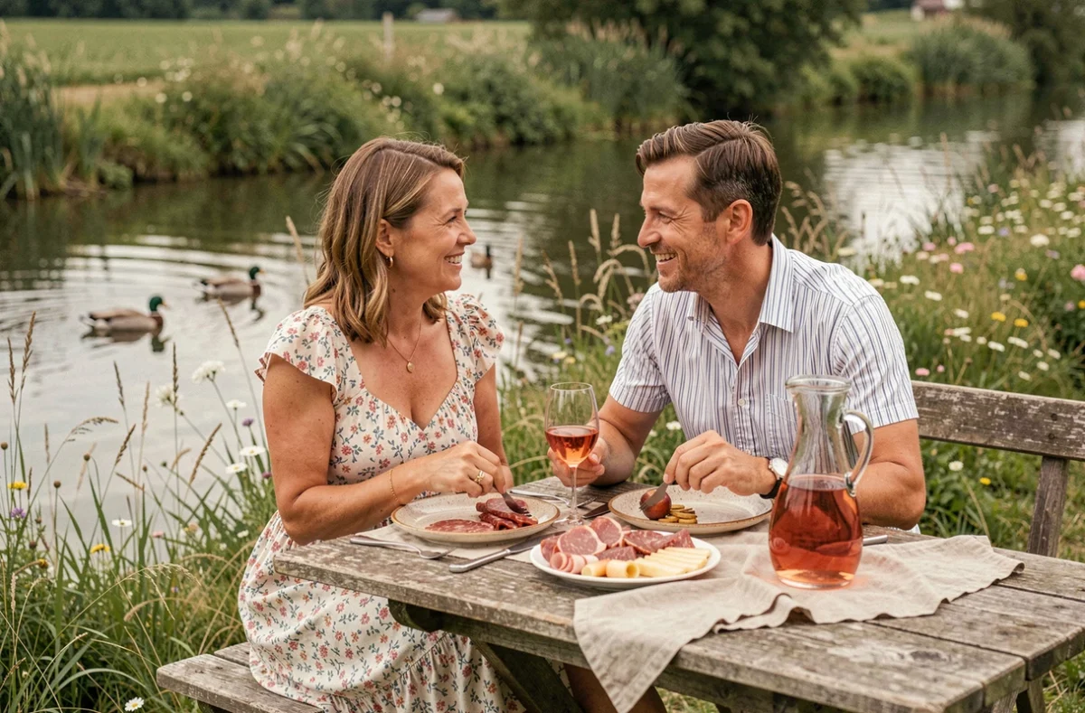 Couple profitant d'un repas en plein air au bord du canal à la guinguette de La Madeleine près de Lille