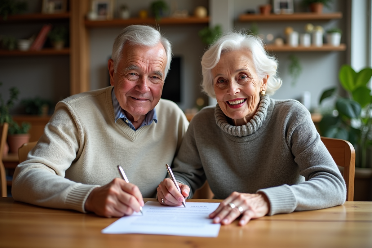 Couple âgé signant un contrat de garantie hypothécaire