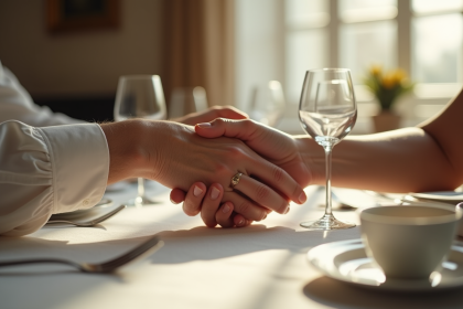 Couple âgé élégant tenant la main sur une table décorée