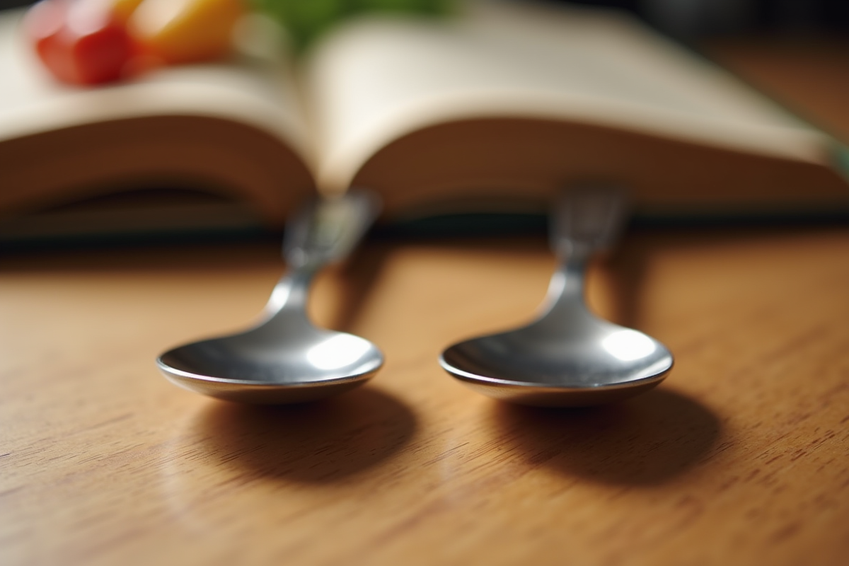 Deux cuillères à café de 10 ml et 1 cl sur table en bois