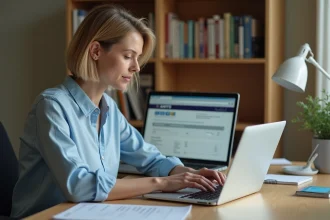 Femme effectuant des démarches administratives en ligne sur le site ANTS depuis son bureau à domicile