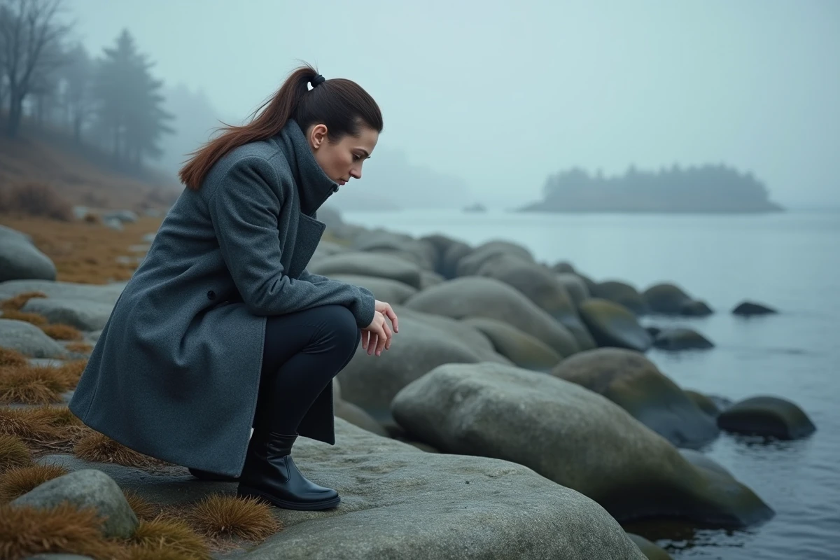 Détective scandinave inspectant une scène sur les rochers de l'archipel de Sandhamn lors d'une enquête criminelle