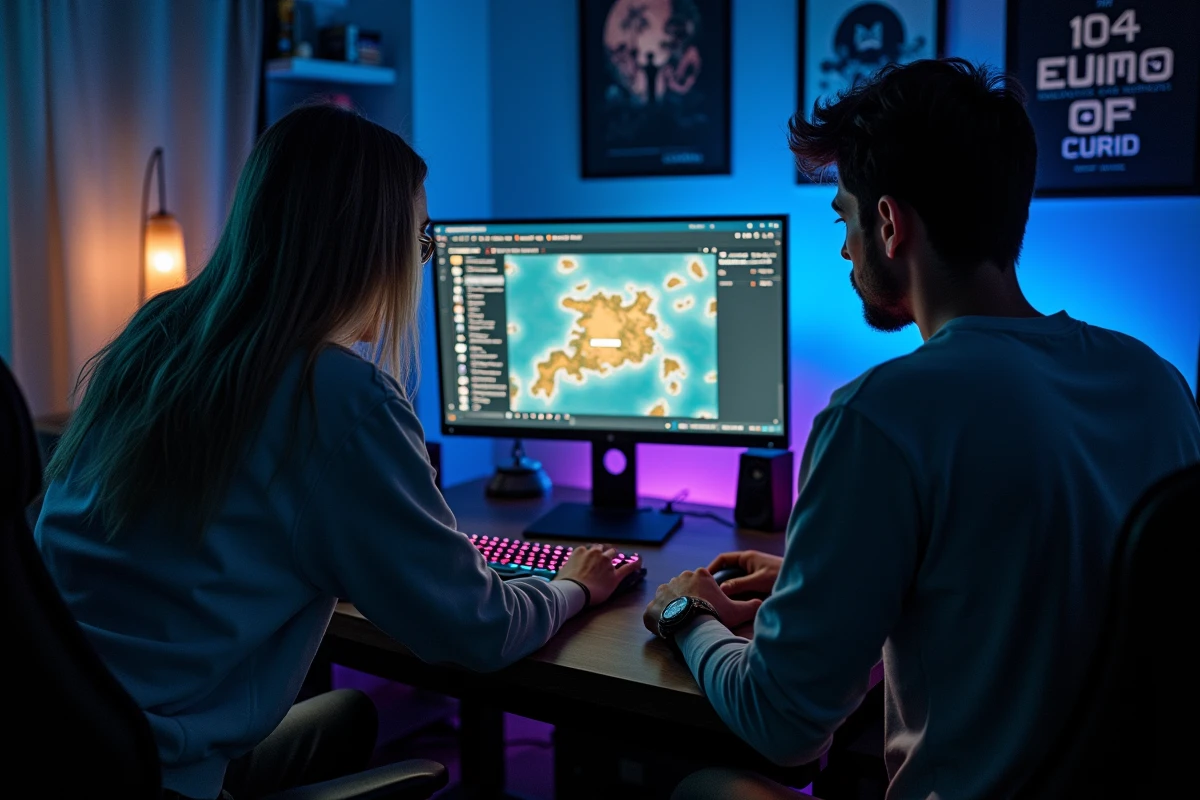 Deux joueurs collaborant devant un PC pour trouver rapidement un portail de dimension sur Dofus Portal