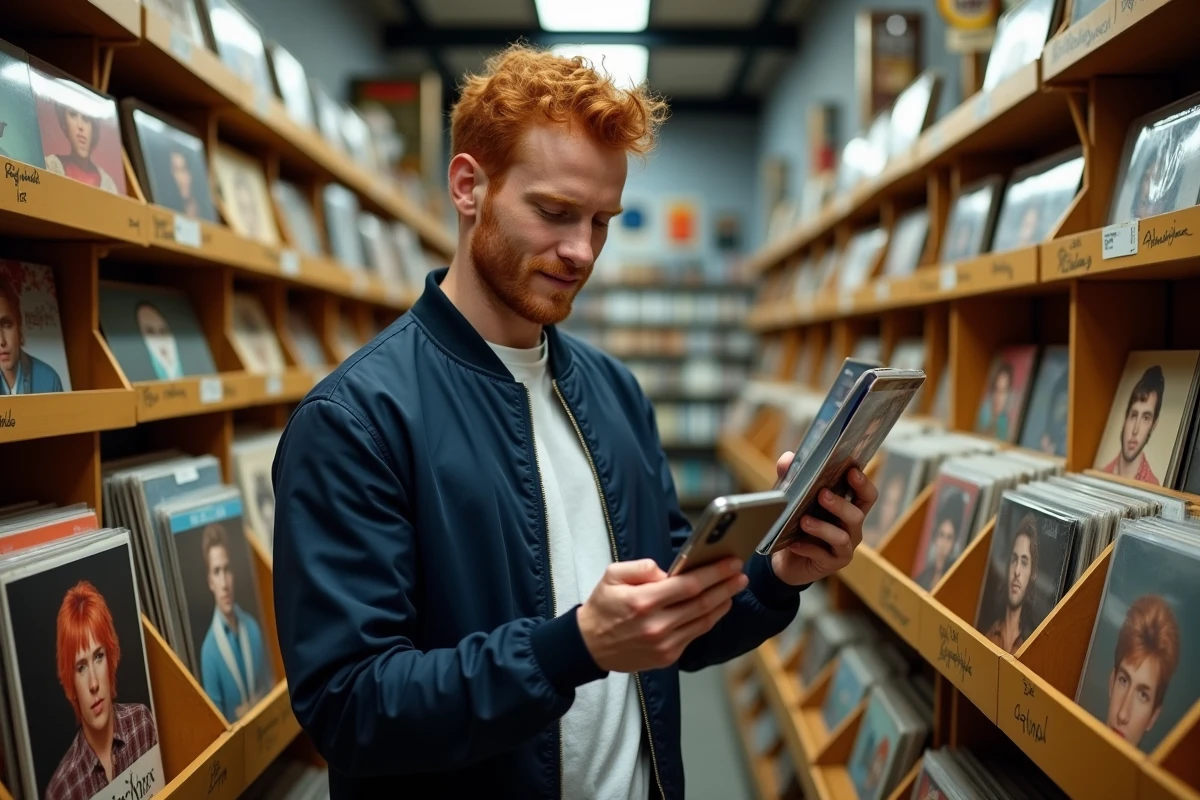 Homme roux dans un magasin de disques comparant une pochette d'album d'un chanteur roux anglais avec son téléphone