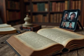Livre d'essais de Ralph Waldo Emerson ouvert sur un bureau ancien, entouré de notes manuscrites et d'un smartphone affichant une série moderne, illustrant l'influence d'Emerson dans la culture pop contemporaine.
