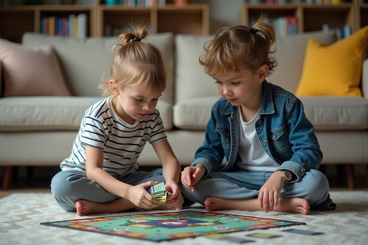Deux enfants concentrés jouant au Monopoly Junior assis sur un tapis de salon, entourés de billets colorés et de pions du jeu