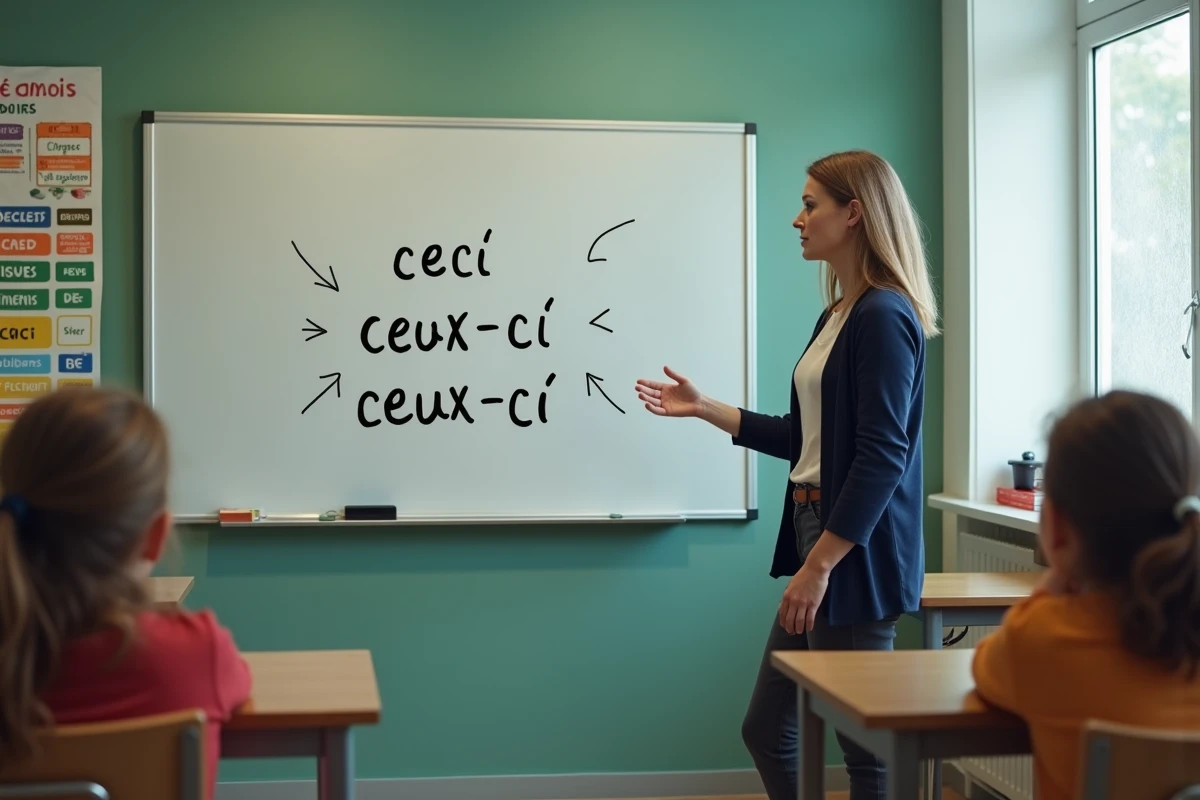 Une enseignante de primaire explique la différence entre ceci et ceux-ci au tableau dans une salle de classe