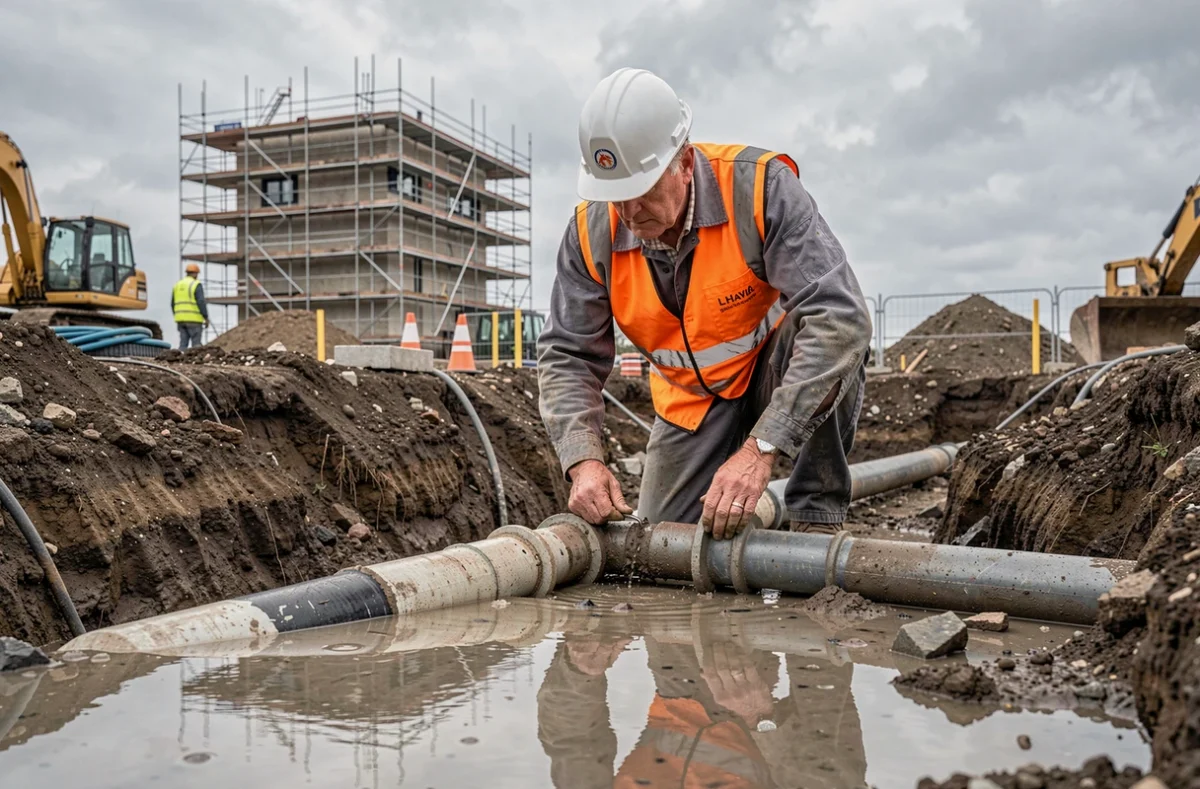 Un plombier de l'Entreprise Lecomte inspecte des canalisations souterraines sur un chantier de construction au Havre, montrant l'envergure des travaux réalisés