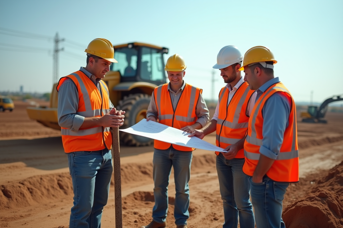 Groupe d'ingénieurs analysant des échantillons de sol sur un chantier