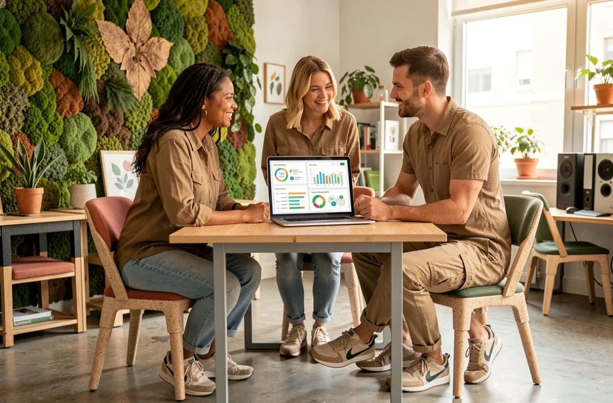 Équipe de professionnels collaborant sur des indicateurs de durabilité et d'économie circulaire dans un bureau éco-responsable
