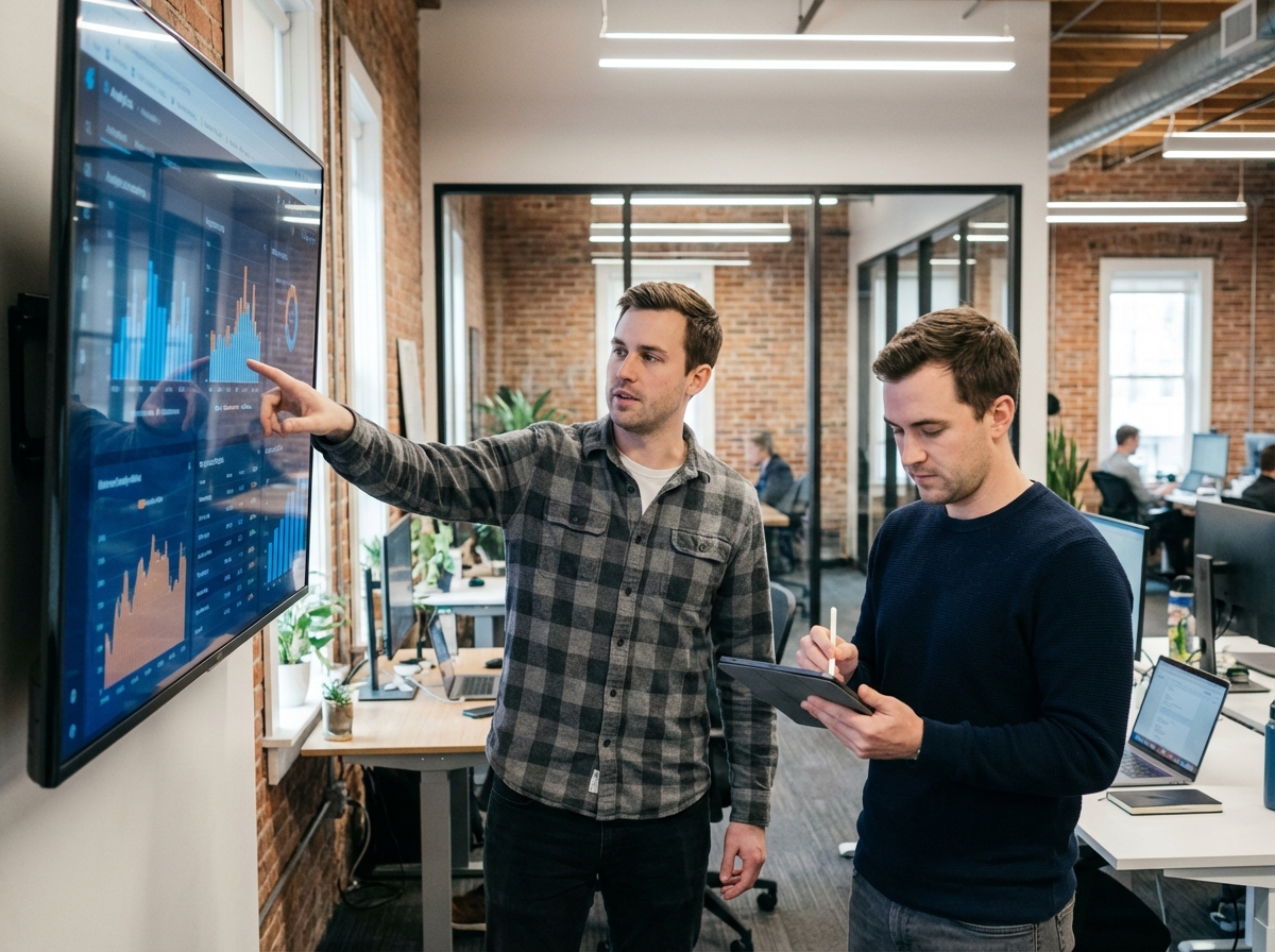 Deux hommes discutant devant un affichage digital dans un bureau moderne