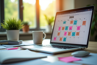 Espace de travail organisé avec ordinateur et calendrier 2024