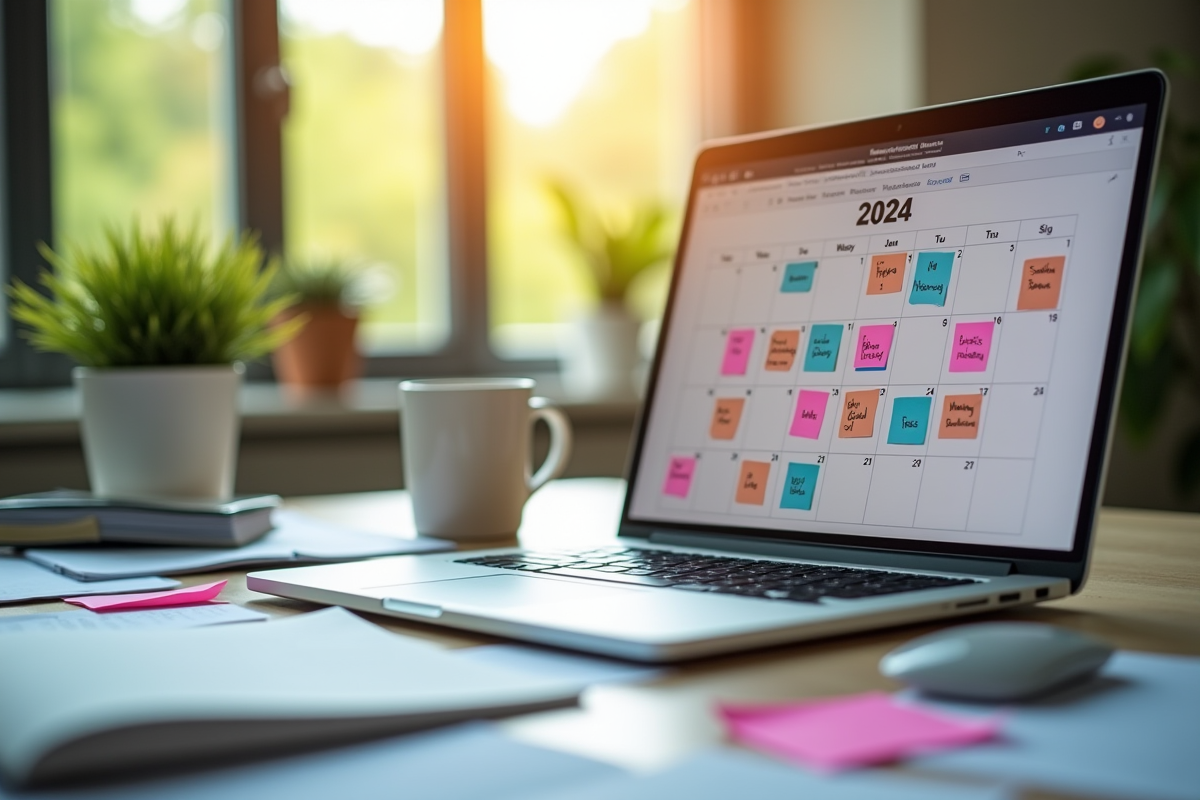 Espace de travail organisé avec ordinateur et calendrier 2024