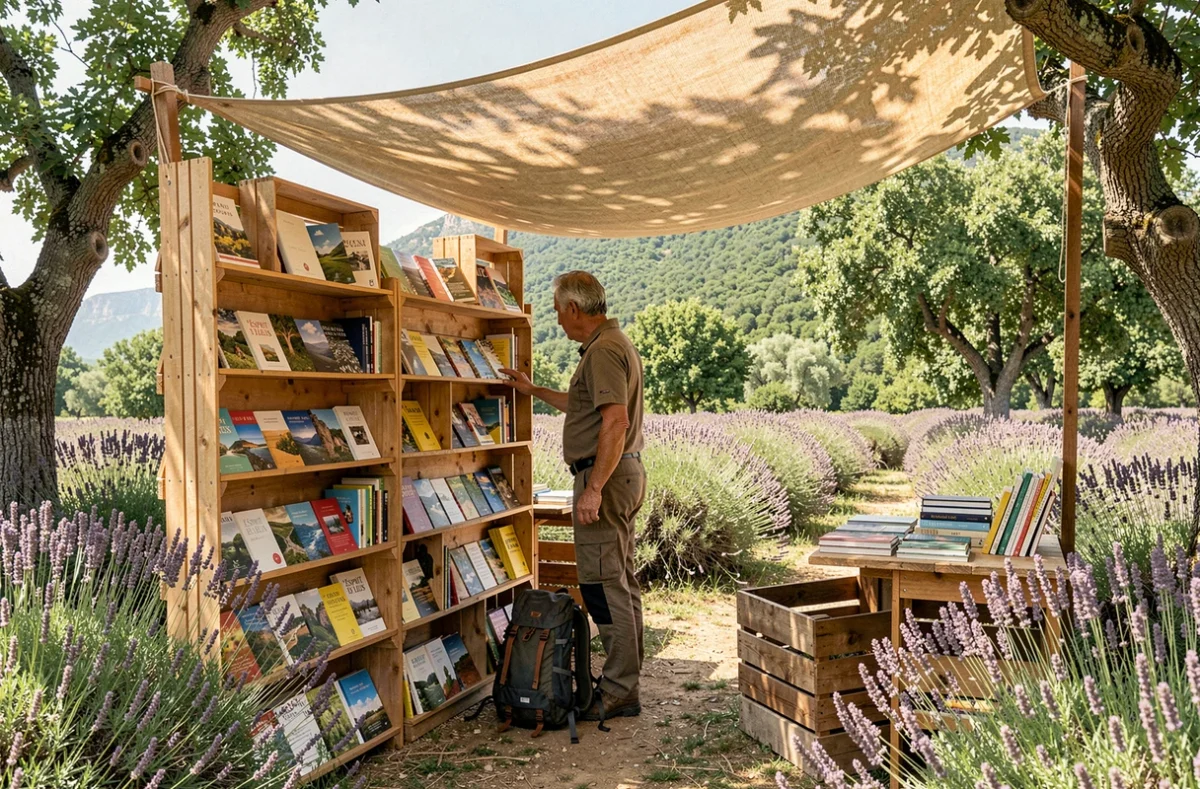 L'Esprit des Lieux à Saint-Léger-du-Ventoux, librairie de plein air avec des caisses de livres disposées parmi la lavande et les chênes, avec le Mont Ventoux en arrière-plan