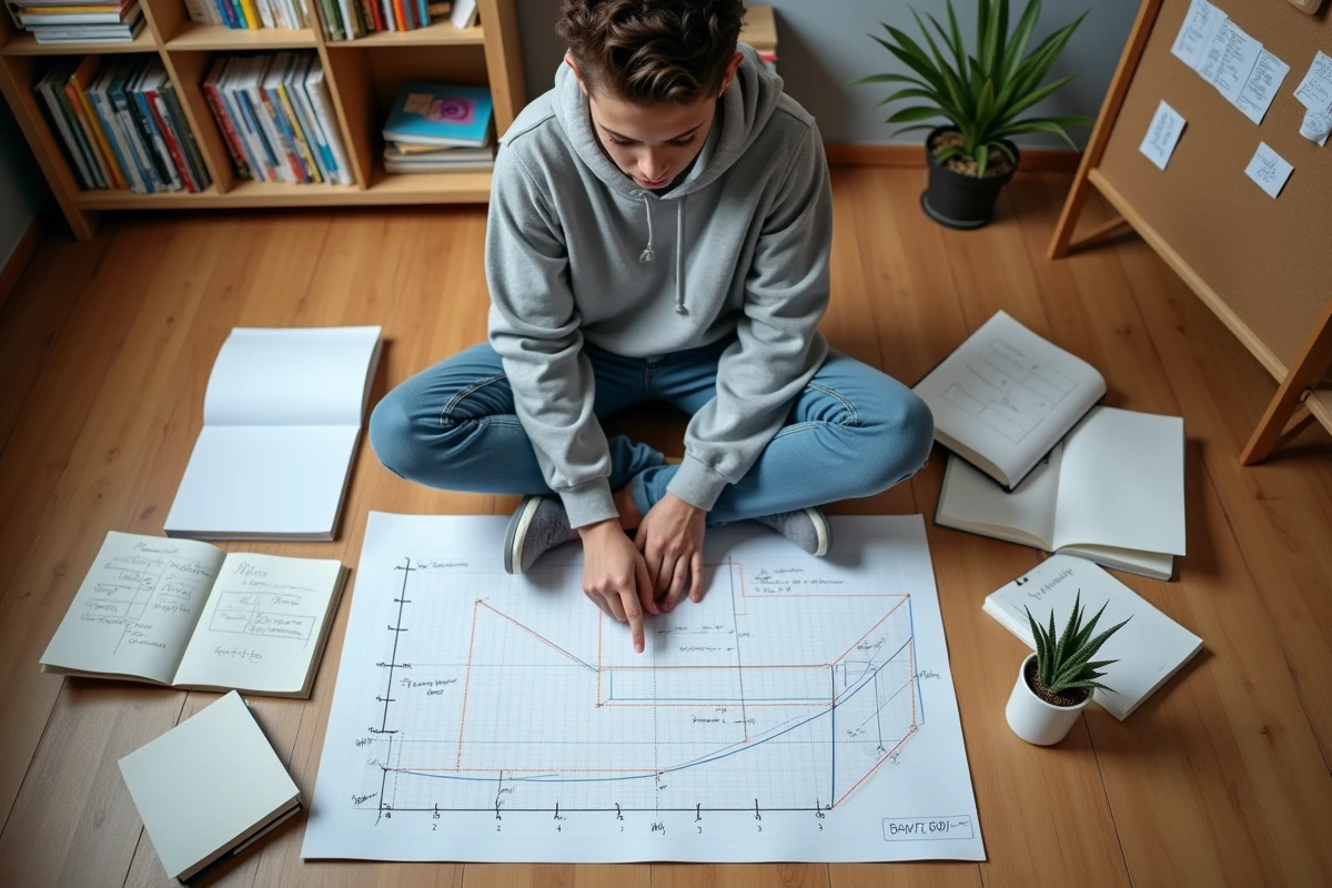Étudiant entouré de livres et d'un papier quadrillé avec des schémas de conversion de volume en cm dessinés au crayon sur un plancher en bois