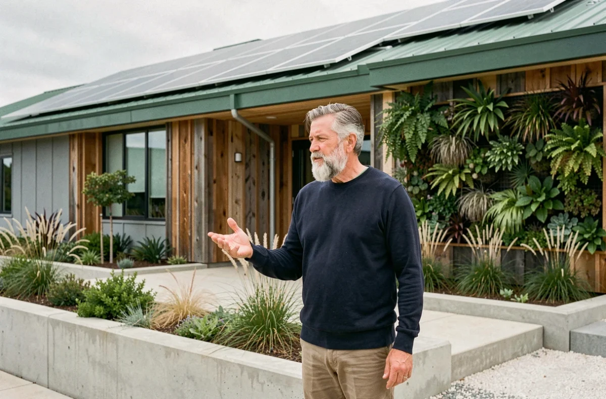 Expert en architecture durable présentant un bâtiment éco-conçu avec toiture végétalisée et panneaux solaires