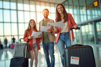 Famille heureuse à l'aéroport avec documents et valise pour vacances