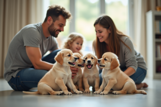 Famille heureuse jouant avec des chiots dans une grande salle lumineuse