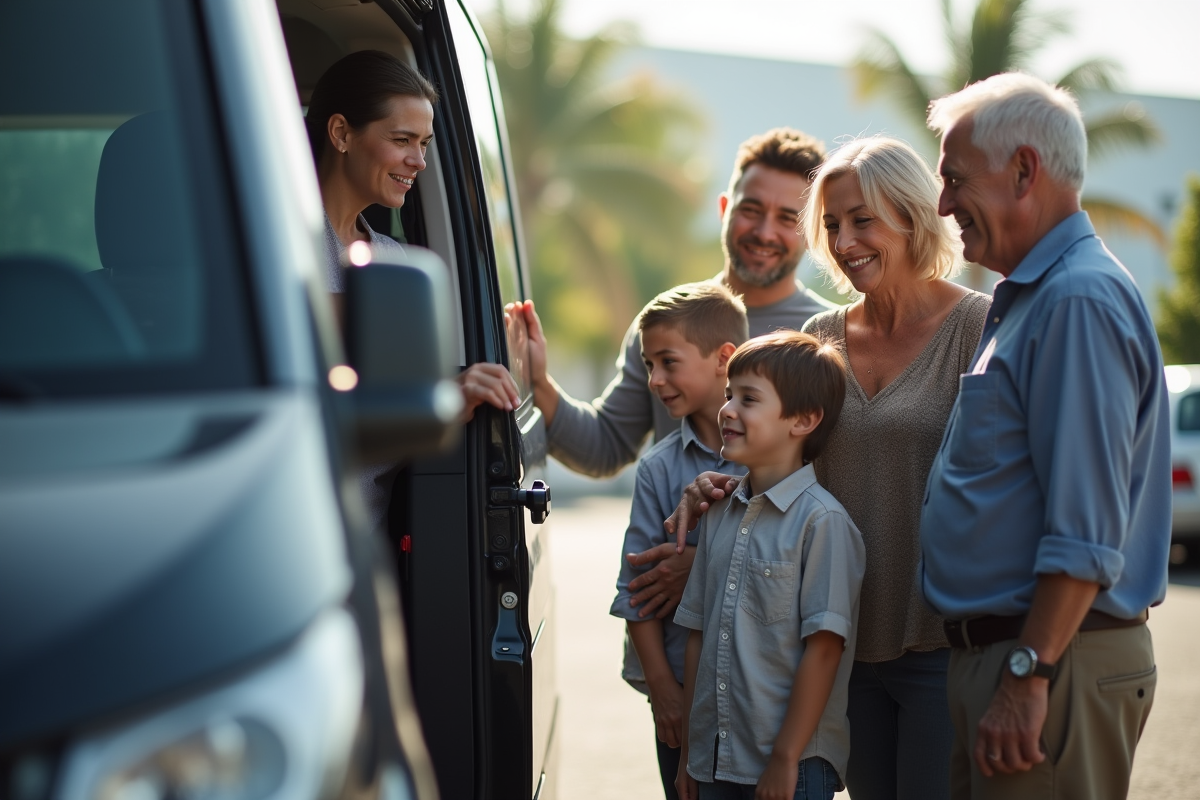 Famille et couple compare des minibus dans un concessionnaire en plein air