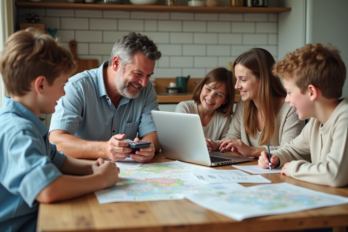 Famille autour d'une table discutant des vacances