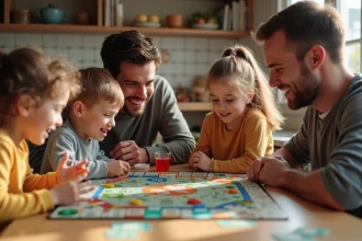 Famille jouant au Monopoly Junior autour d'une table de cuisine, avec enfants et parents souriants devant le plateau de jeu coloré