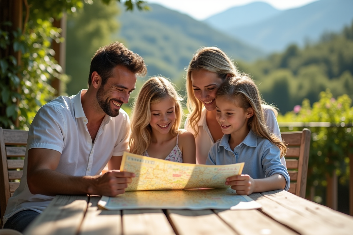 Famille souriante examinant une carte en plein air à la campagne