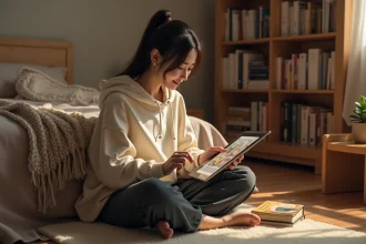 Jeune femme lisant un manhwa sur tablette dans sa chambre cosy, entourée de mangas et de livres