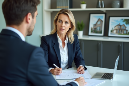Femme d'affaires en immobilier examinant des documents