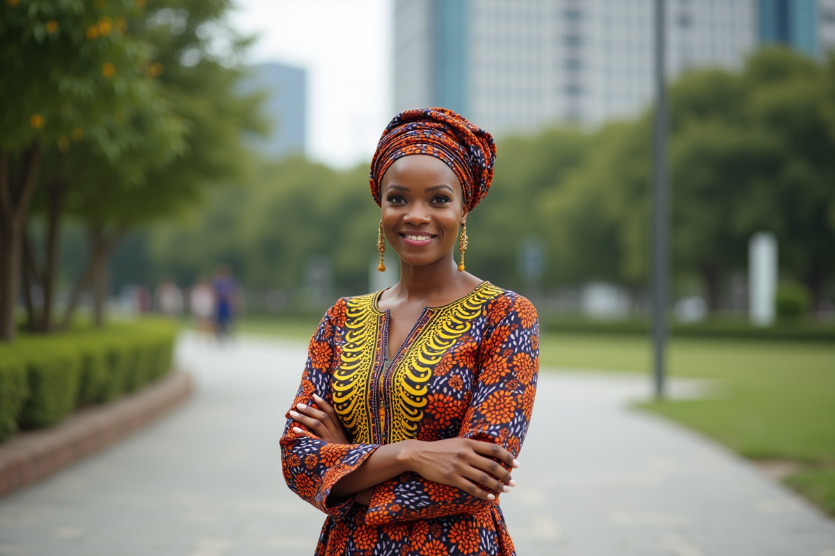 Femme africaine en tenue traditionnelle dans un parc urbain