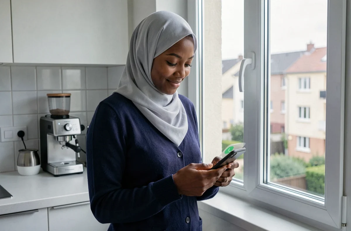 Femme recevant une alerte adhan sur son téléphone dans un appartement de Mons-en-Barœul