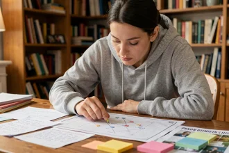 Femme concentrée qui analyse des indices et des notes manuscrites pour résoudre une énigme de jeu d'escape room