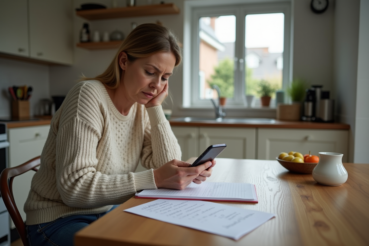 Femme anxieuse au téléphone dans la cuisine