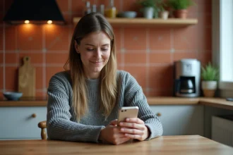 Femme regardant calmement un appel entrant inconnu sur son smartphone dans sa cuisine