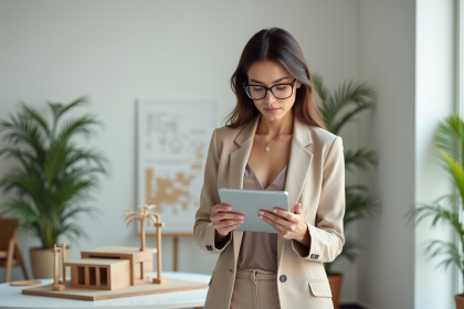 Femme confiante en costume dans un studio minimaliste