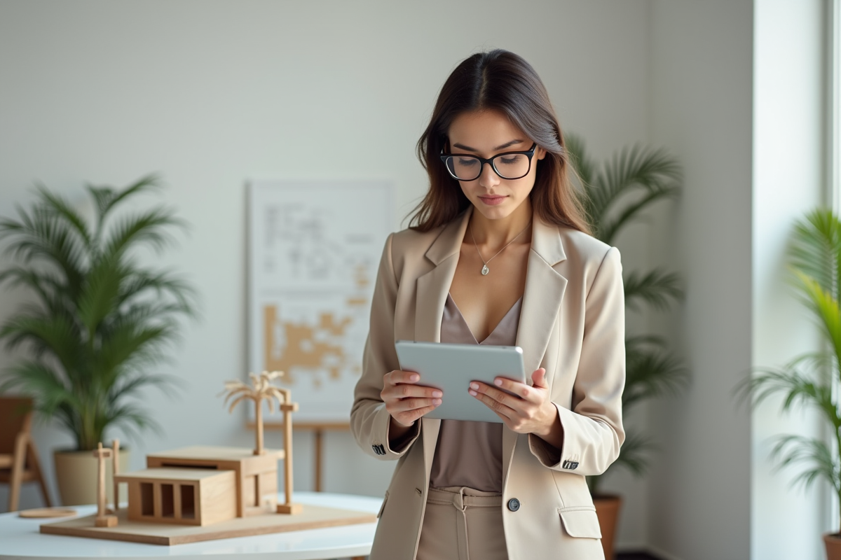 Femme confiante en costume dans un studio minimaliste