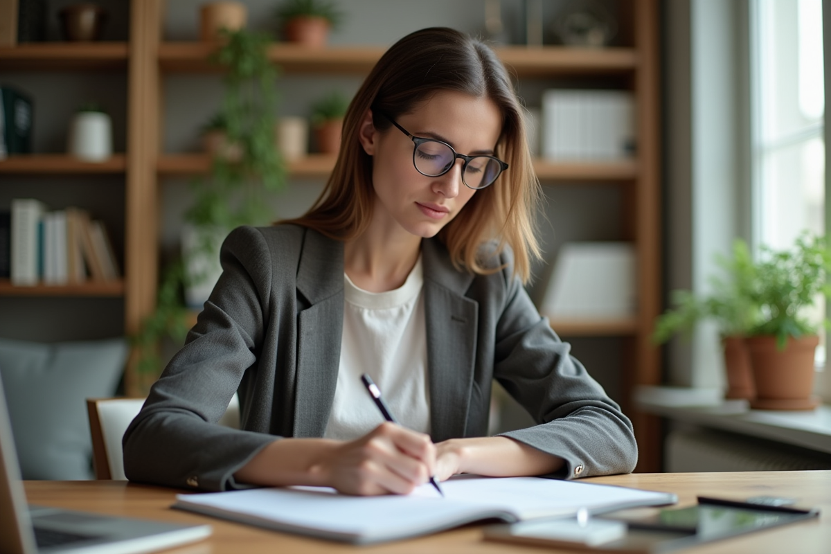 Femme en bureau cosy travaillant à un carnet