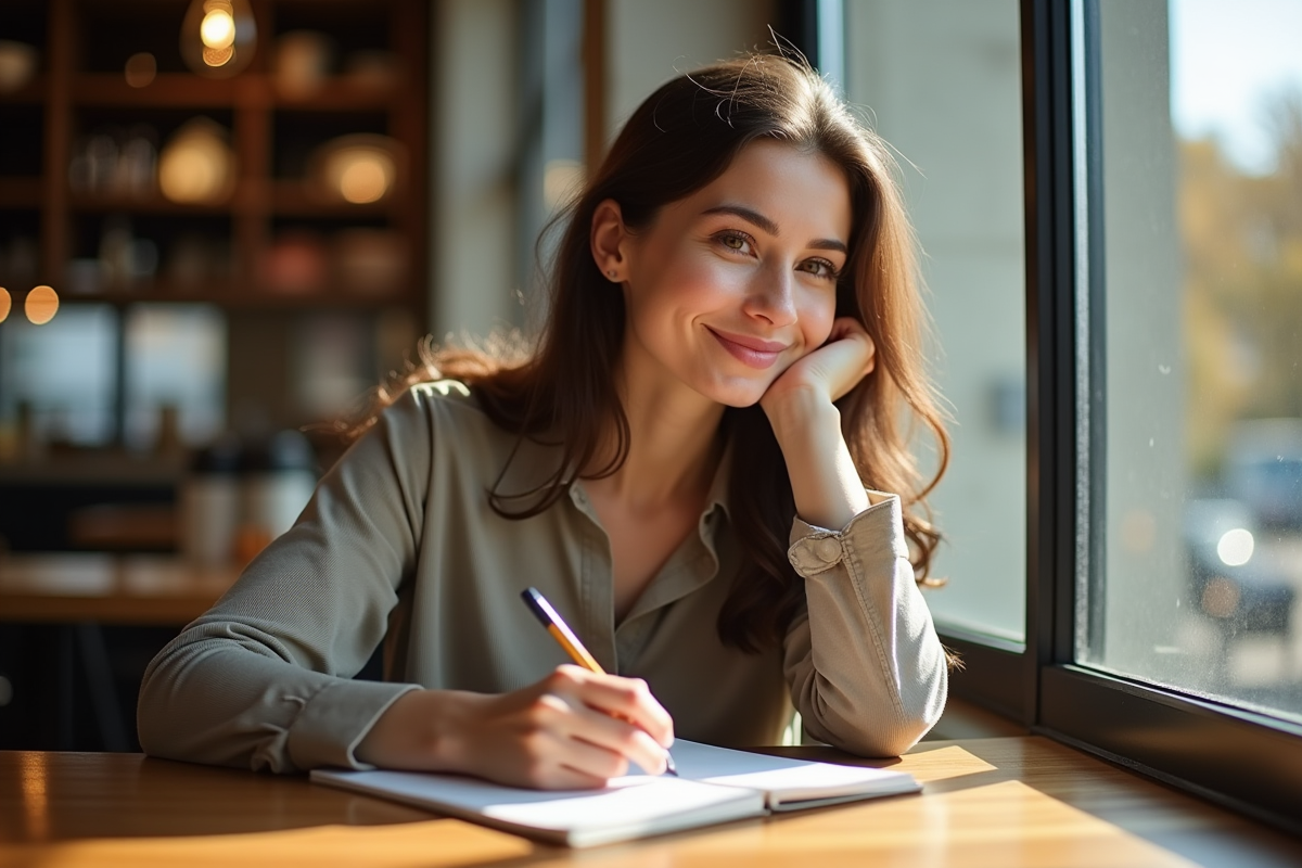 Femme pensante écrivant dans un journal au café