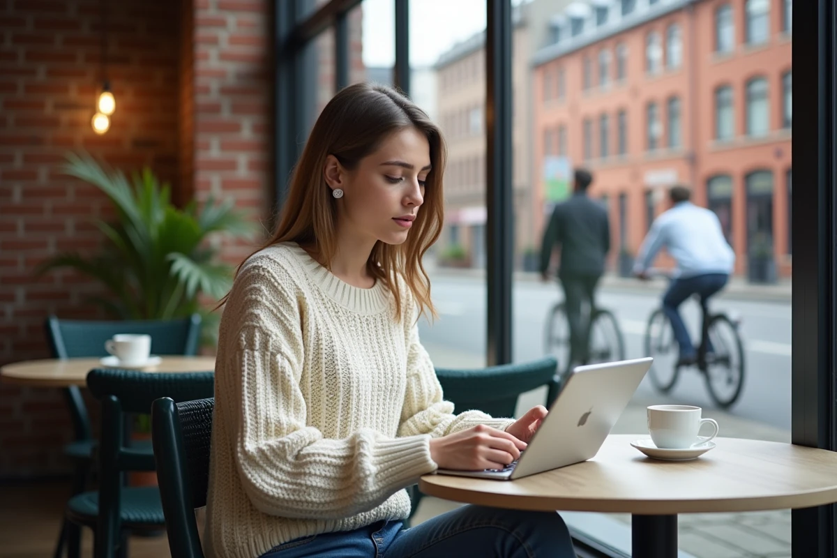 Femme assise au café utilisant une tablette près de la fenêtre