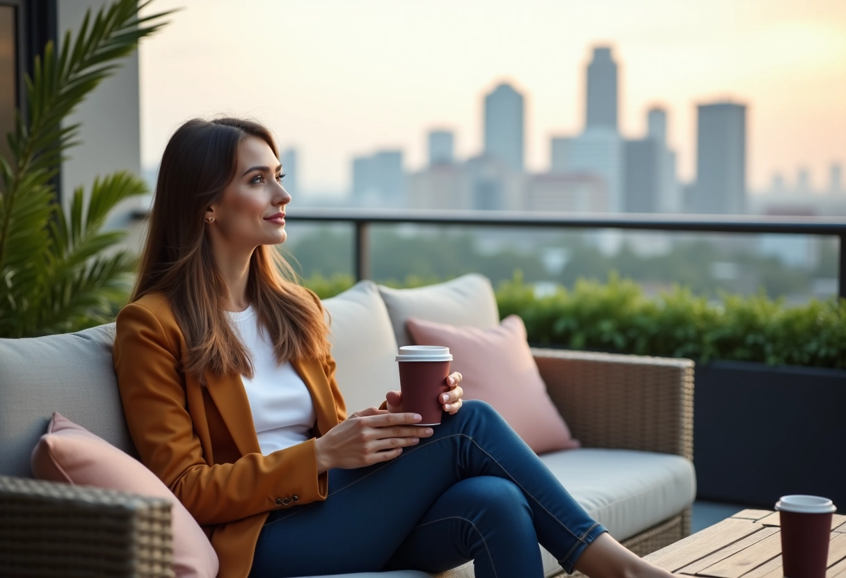Jeune femme au café sur une terrasse avec vue urbaine