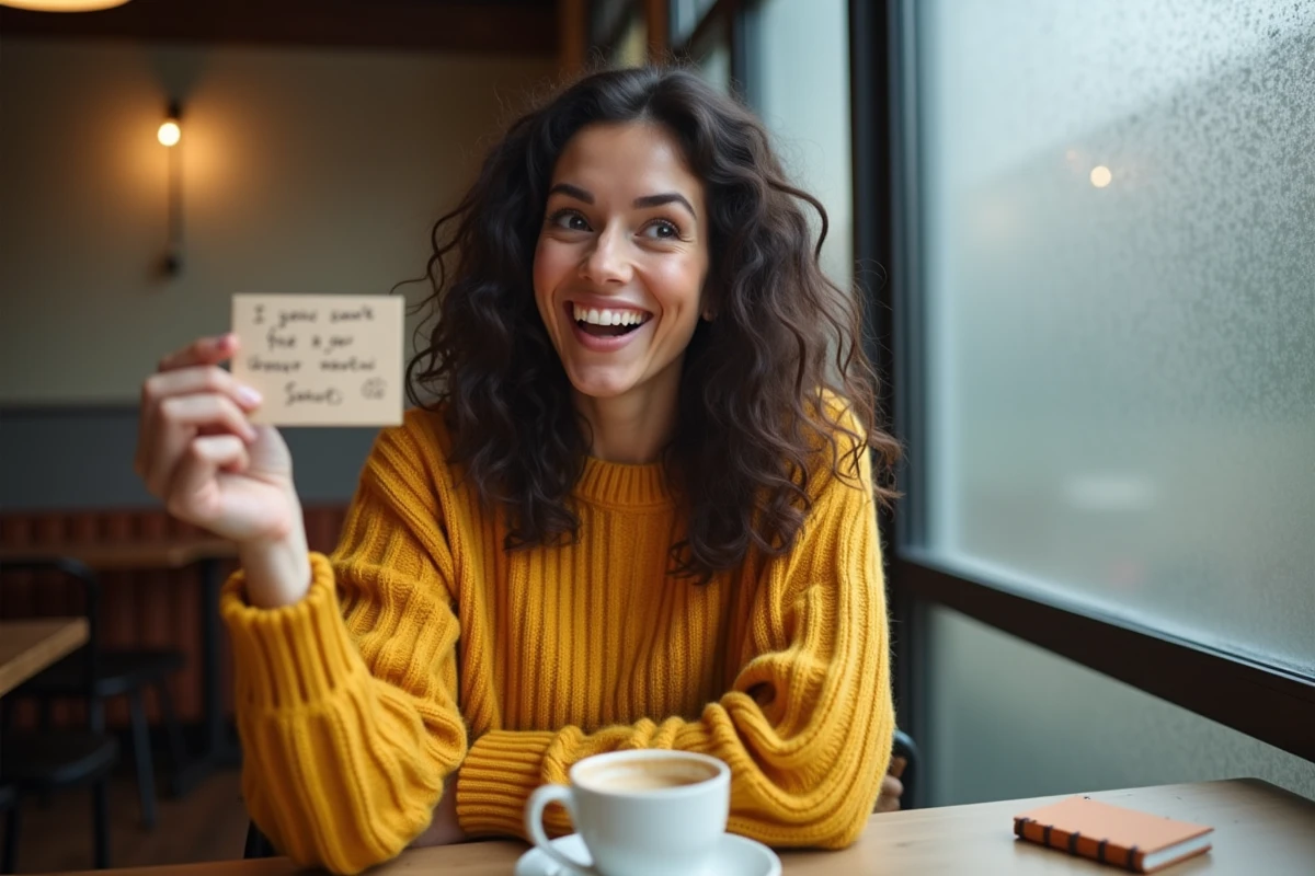 Jeune femme souriante tenant une carte de jeu de mots dans un café, expression amusée et naturelle