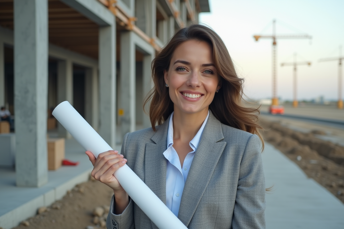 Femme souriante avec diplôme devant un chantier en construction