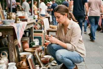 Femme débutante chineuse inspectant un objet vintage sur un marché aux puces animé