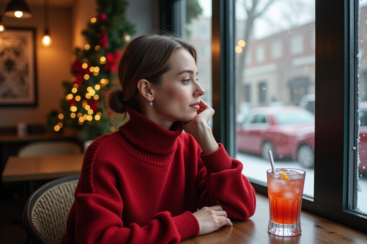 Femme dégustant un cocktail de Noël près d